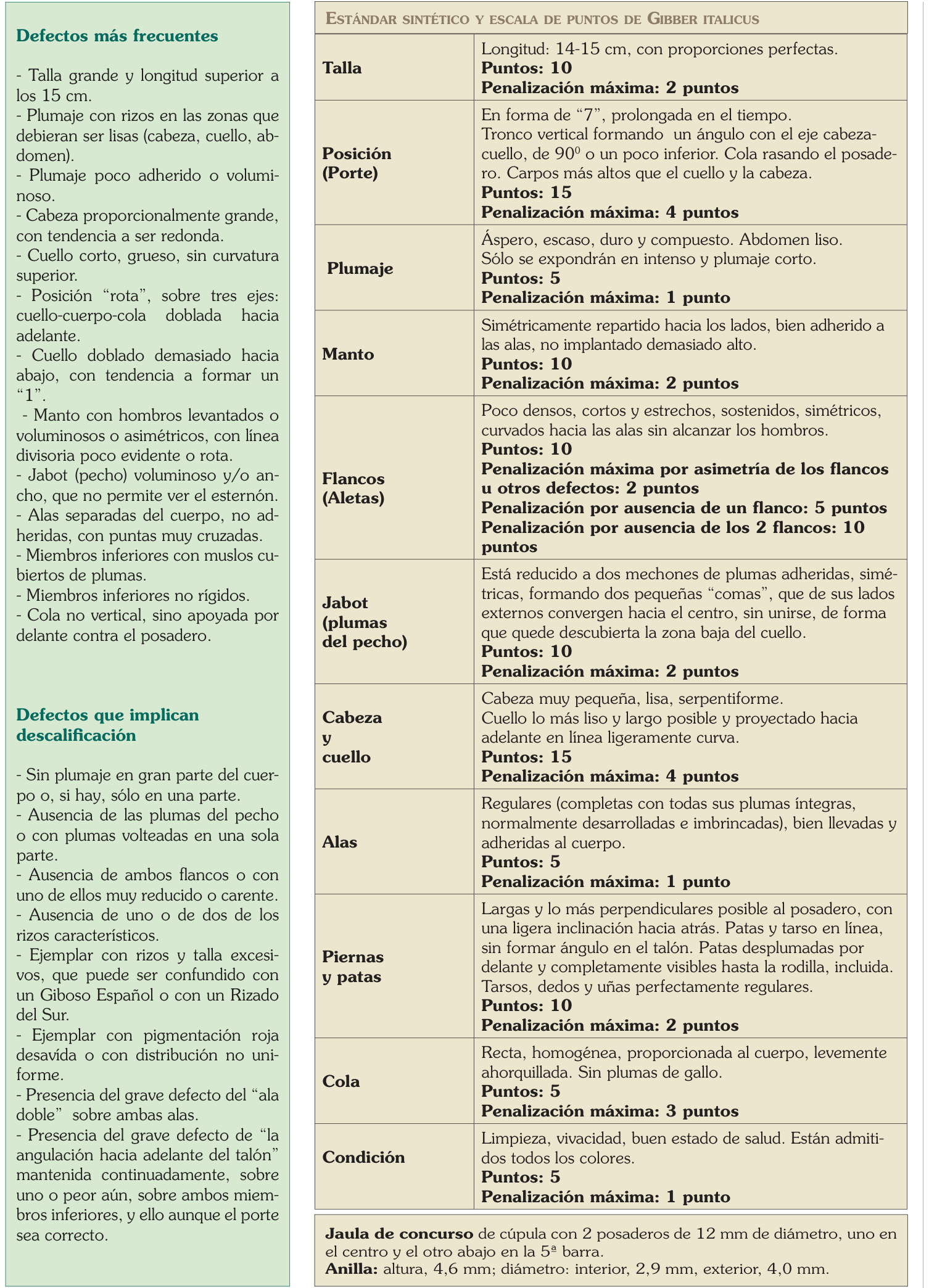 Estándar sintético y escala de puntos, defectos más frecuentes y causas de descalificación: tabla original completa.