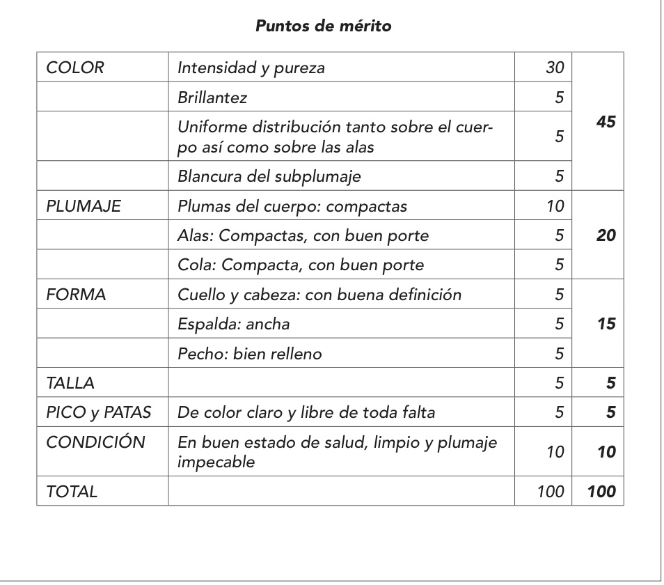 Puntos de mérito históricos: tabla completa de color, plumaje, forma, talla, pico/patas y condición.