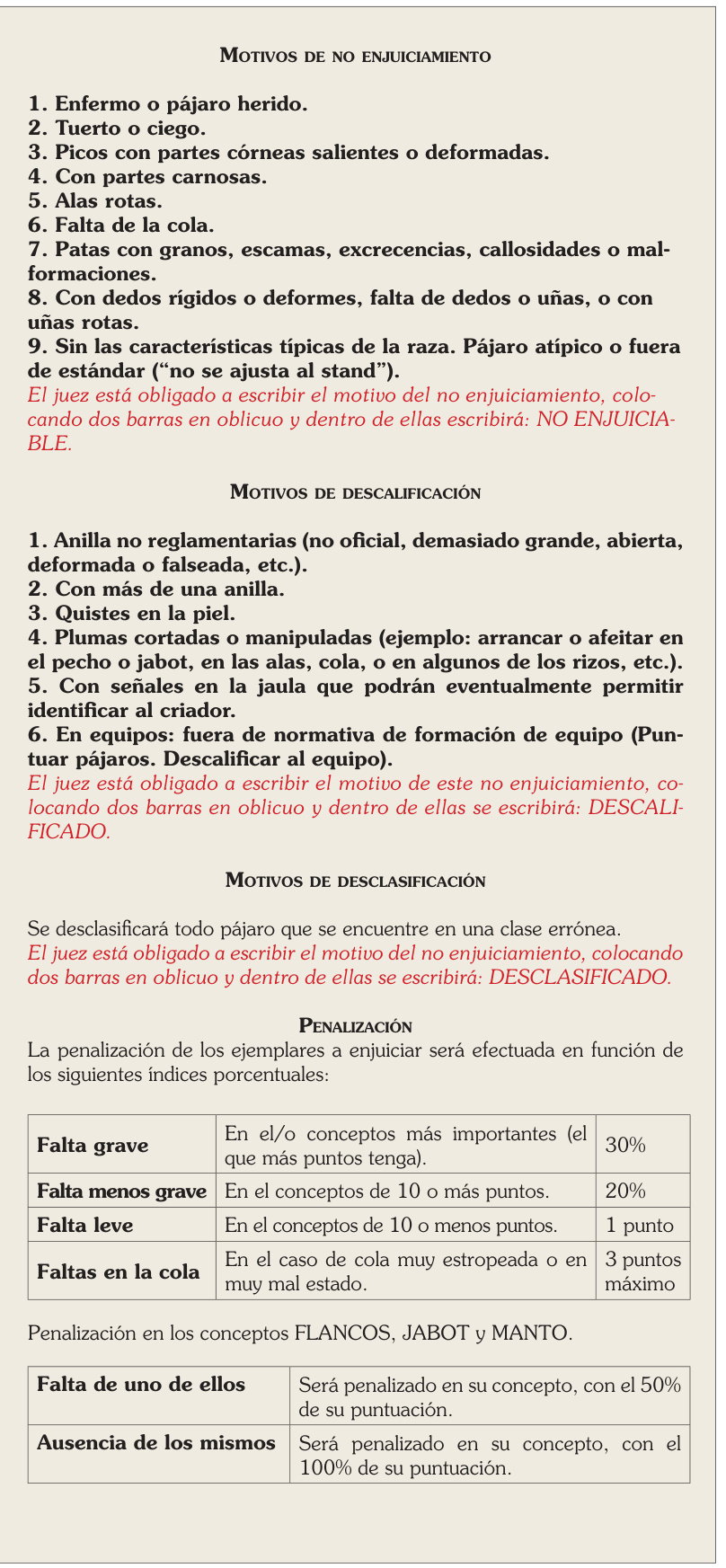 Motivos de no enjuiciamiento, descalificación y desclasificación; cuadros originales de penalización.
