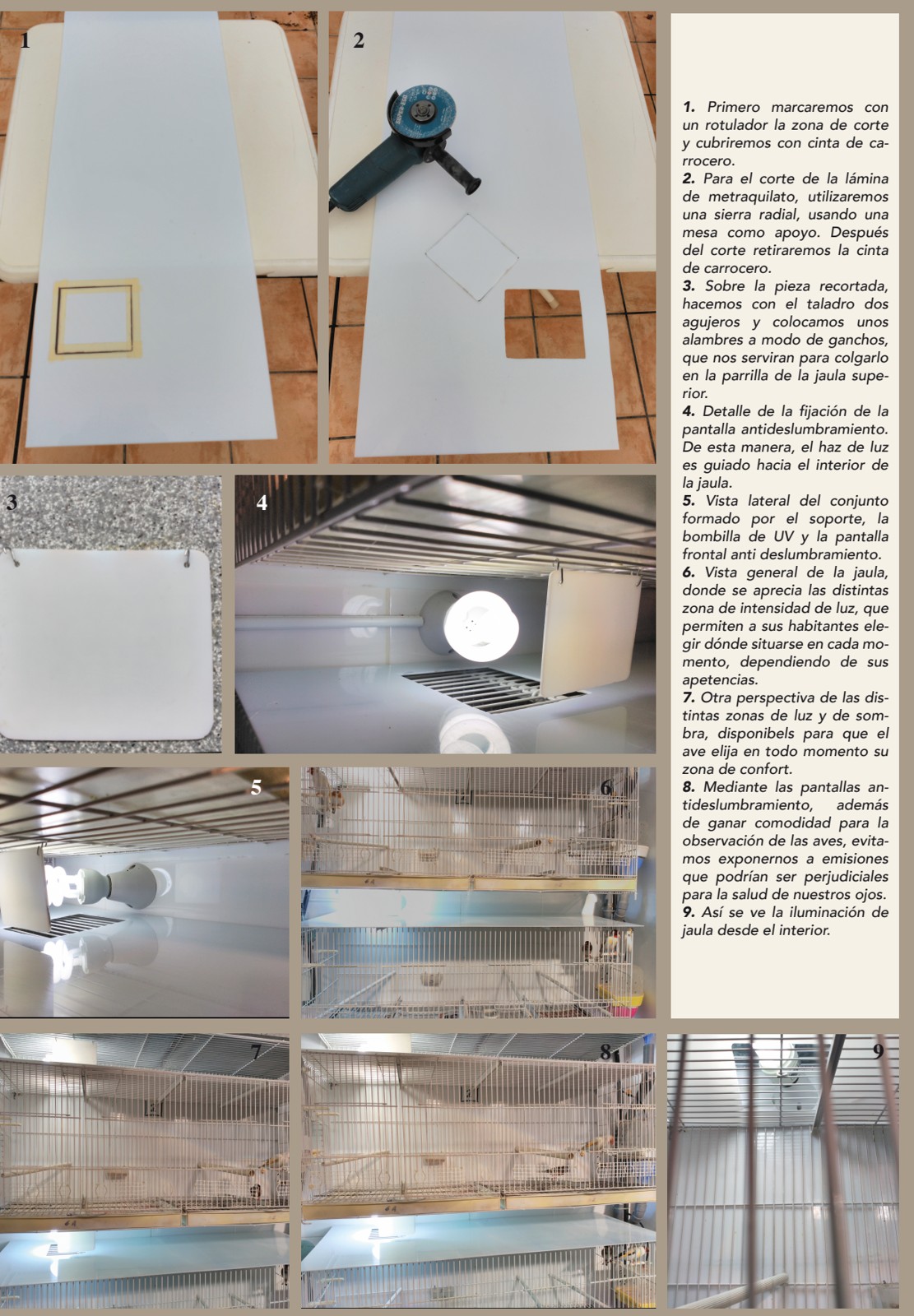 1. Primero marcaremos con un rotulador la zona de corte y cubriremos con cinta de carrocero. 2. Para el corte de la lámina de metraquilato, utilizaremos una sierra radial, usando una mesa como apoyo. Después del corte retiraremos la cinta de carrocero. 3. Sobre la pieza recortada, hacemos con el taladro dos agujeros y colocamos unos alambres a modo de ganchos, que nos serviran para colgarlo en la parrilla de la jaula superior. 4. Detalle de la fijación de la pantalla antideslumbramiento. De esta manera, el haz de luz es guiado hacia el interior de la jaula. 5. Vista lateral del conjunto formado por el soporte, la bombilla de UV y la pantalla frontal anti deslumbramiento. 6. Vista general de la jaula, donde se aprecia las distintas zona de intensidad de luz, que permiten a sus habitantes elegir dónde situarse en cada momento, dependiendo de sus apetencias. 7. Otra perspectiva de las distintas zonas de luz y de sombra, disponibels para que el ave elija en todo momento su zona de confort. 8. Mediante las pantallas antideslumbramiento, además de ganar comodidad para la observación de las aves, evitamos exponernos a emisiones que podrían ser perjudiciales para la salud de nuestros ojos. 9. Así se ve la iluminación de jaula desde el interior.